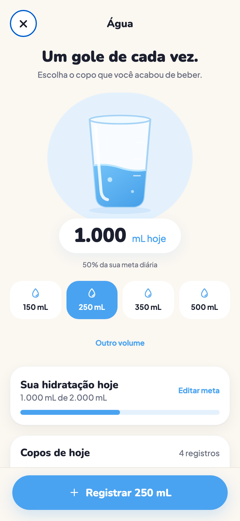 Tela de água do PepWay com copo visual e consumo de exemplo.